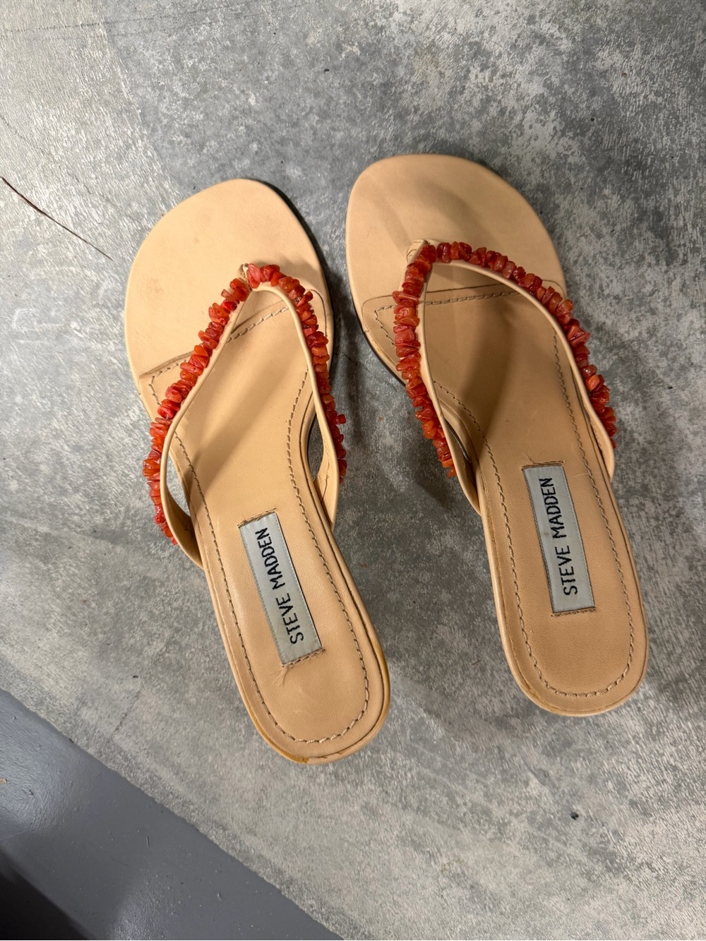 Steve Madden Tan Slide Sandals with Orange-Red Bead Trim